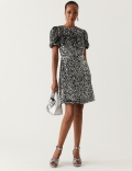 Sequin Round Neck Knee Length Tea Dress