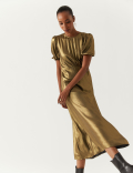 Lam&eacute; Round Neck Puff Sleeve Midi Tea Dress
