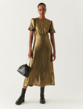 Lam&eacute; Round Neck Puff Sleeve Midi Tea Dress