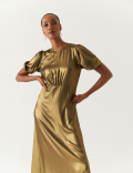 Lam&eacute; Round Neck Puff Sleeve Midi Tea Dress