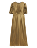 Lam&eacute; Round Neck Puff Sleeve Midi Tea Dress