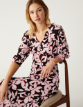 Floral V-Neck Tie Waist Midi Tea Dress