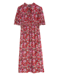 Floral Tie Neck Midi Waisted Dress