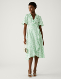 Linen Rich Floral V-Neck Midi Wrap Dress