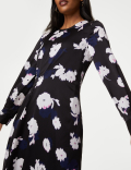 Satin Floral Round Neck Midi A-Line Dress