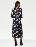 Satin Floral Round Neck Midi A-Line Dress