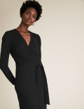 Jersey V-Neck Tie Front Midi Wrap Dress