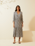 Floral V-Neck Tie Sleeve Midi Dress