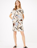 Satin Crepe Printed V-Neck Shift Dress
