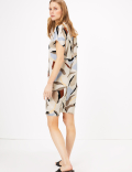 Satin Crepe Printed V-Neck Shift Dress