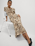 Animal Print Ruched Sleeve Midaxi Dress