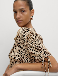 Animal Print Ruched Sleeve Midaxi Dress