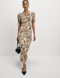 Animal Print Ruched Sleeve Midaxi Dress