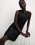Linen Blend Button Through Mini Shift Dress