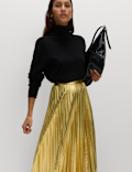 Metallic Gold Pleated Midi Skirt