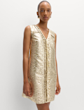 Gold Jacquard V-Neck Mini Shift Dress