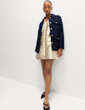 Gold Jacquard V-Neck Mini Shift Dress