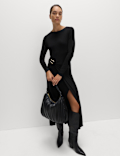 Slash Neck Ring Front Midi Waisted Dress