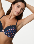 Printed Lace Trim Wired Plunge Bra A-E