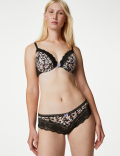 Printed Lace Trim Wired Plunge Bra A-E