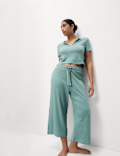 Cropped Cotton Blend Waffle Henley Pyjama Set