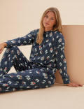 Fleece Printed Cuffed Pant Pyjama Set