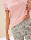Cotton Rich Parrot Print Cropped Pyjama Set