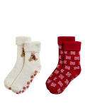 2pk Spencer Bear Slipper Socks