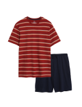 Set of 2 Pure Cotton Striped T-Shirt with Drawstring Shorts