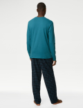 Set of 2 Pure Cotton Full Sleeve T-Shirt with Checked Drawstring Pajamas