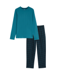 Set of 2 Pure Cotton Full Sleeve T-Shirt with Checked Drawstring Pajamas