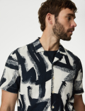 Linen Blend Abstract Print Cuban Collar Shirt