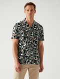 Linen Rich Leaf Print Cuban Collar Shirt