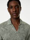 Pure Linen Leaf Print Polo Shirt