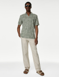 Pure Linen Leaf Print Polo Shirt