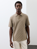 Pure Cotton Textured Jacquard Button Polo Shirt