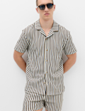 Cotton Blend Textured Striped Short Sleeve Shirt
