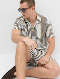 Cotton Blend Textured Striped Short Sleeve Shirt