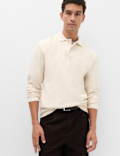 Cotton Blend Ribbed Long Sleeve Polo Shirt