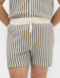 Striped Knit Textured Cotton Blend Shorts