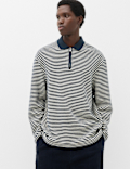 Pure Cotton Half Zip Striped Polo Shirt