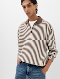 Pure Cotton Half Zip Striped Polo Shirt