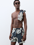 Pocketed Linear Floral Print Swim Shorts