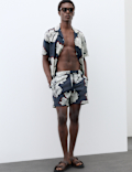 Pocketed Linear Floral Print Swim Shorts