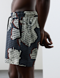 Pocketed Linear Floral Print Swim Shorts