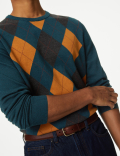 Pure Cotton Argyle Round Neck Jumper
