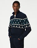 Cotton Blend Fair Isle Zip Up Jumper