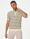 Pure Cotton Textured Striped Knitted Polo Shirt