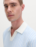 Boucle Striped Open Neck Knitted Polo Shirt