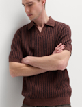 Boucle Striped Open Neck Knitted Polo Shirt